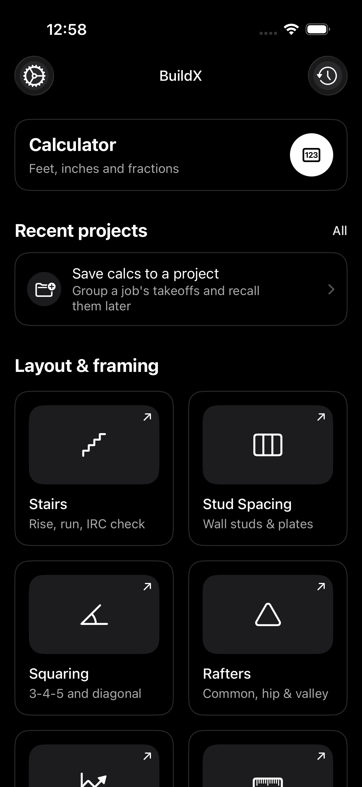 BuildX construction calculator app on iPhone