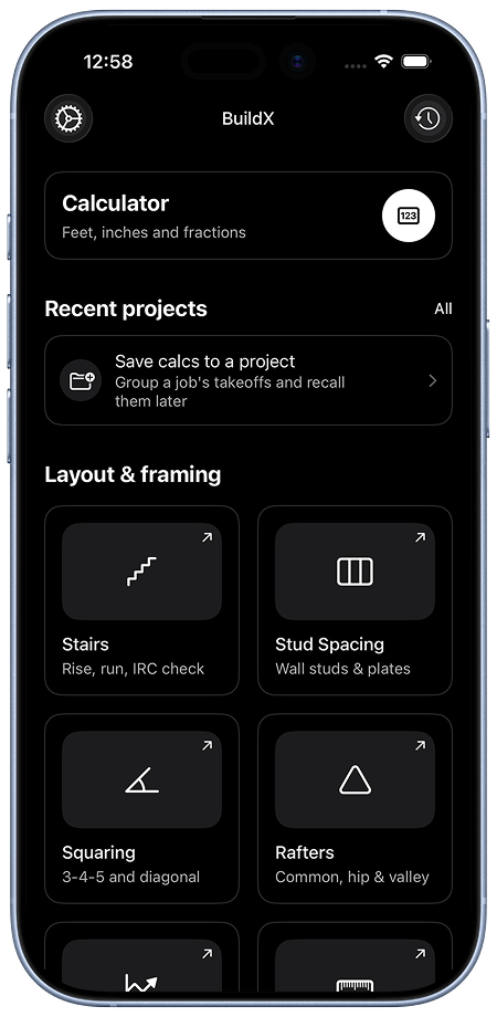 BuildX construction calculator on iPhone