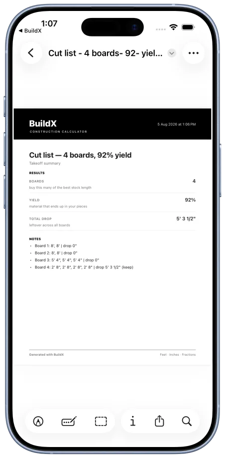 BuildX cut list export with board yield and drop