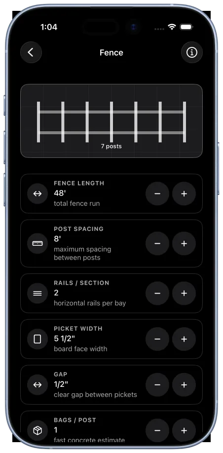 BuildX fence calculator with post spacing and material counts
