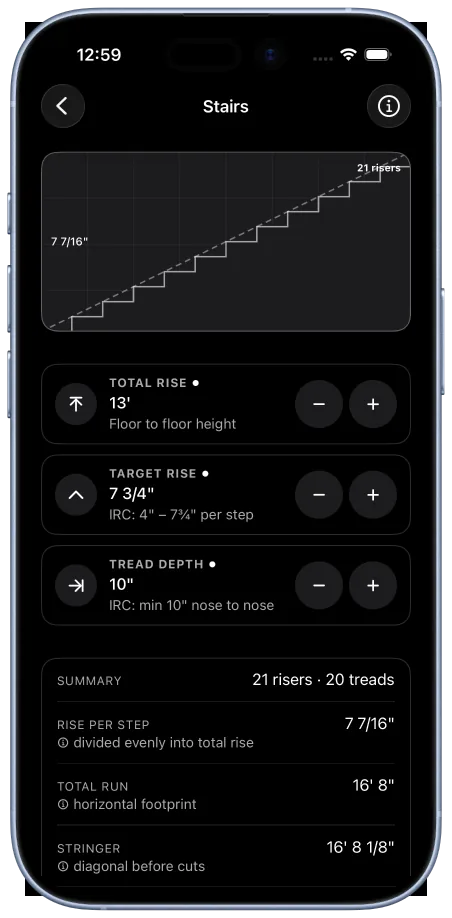 BuildX stairs calculator with rise, run, and stringer results