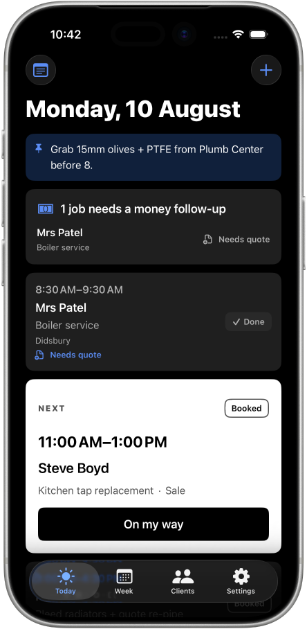 JobBook today view on iPhone