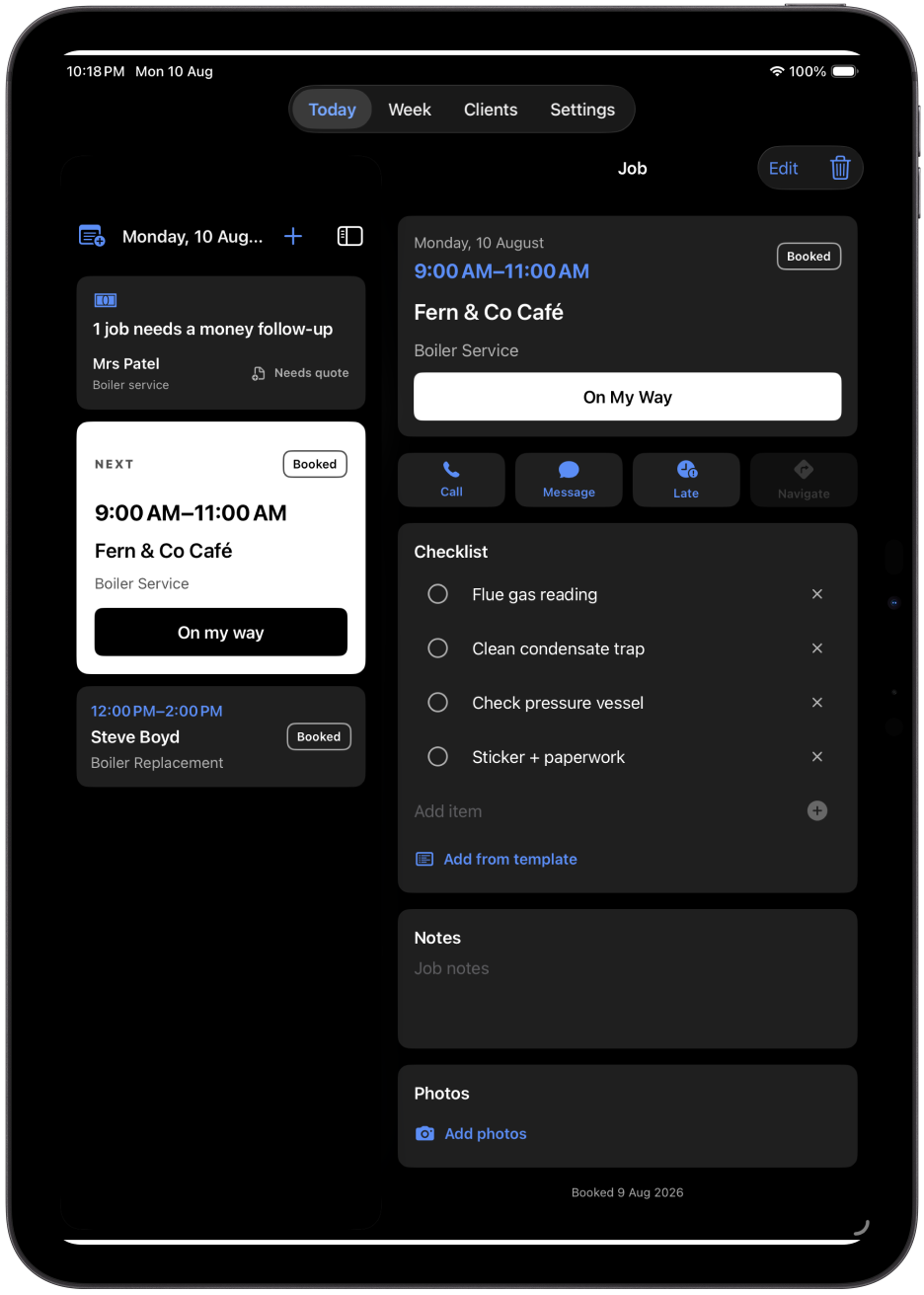 JobBook job detail and checklist on iPad