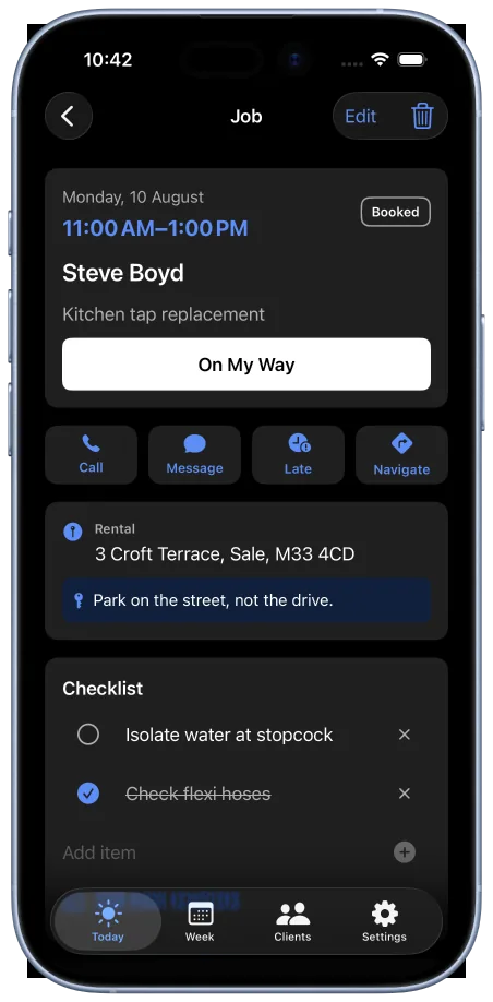 JobBook job detail screen with call, message, and checklist