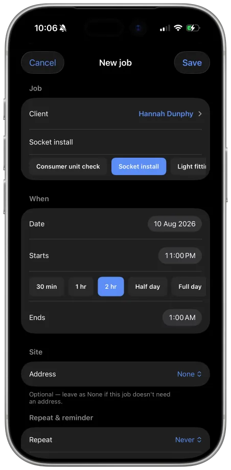 JobBook new job screen with client, service, and scheduling
