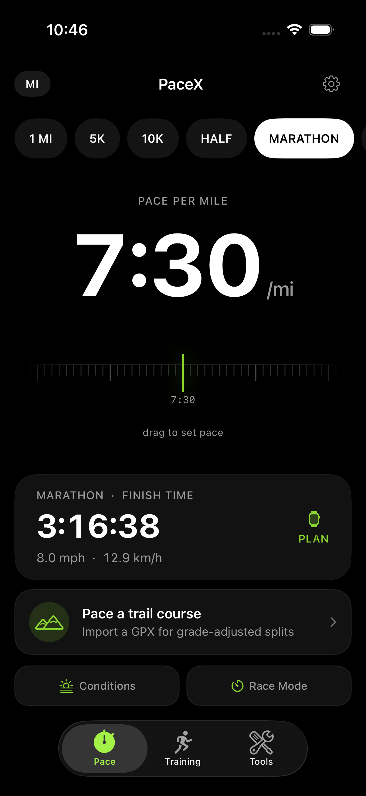 PaceX race pace app on iPhone