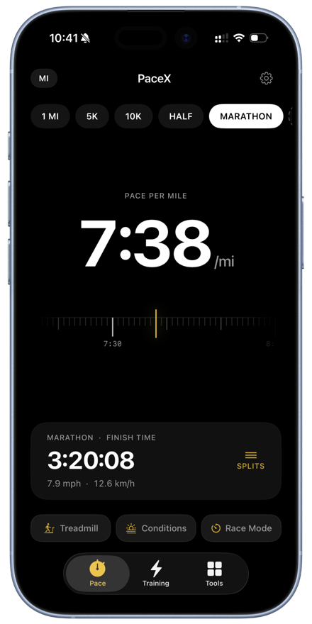PaceX showing a marathon pace plan on iPhone
