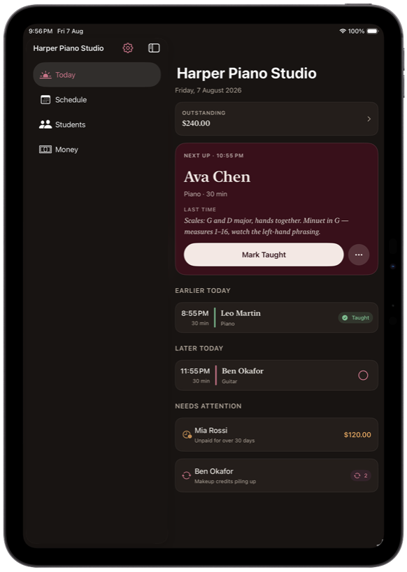 Recital studio dashboard on iPad