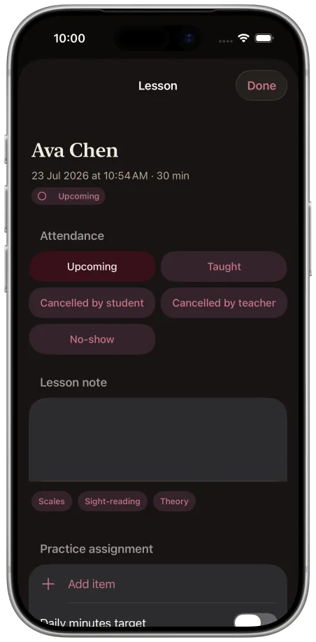 Recital lesson detail with attendance and practice assignment