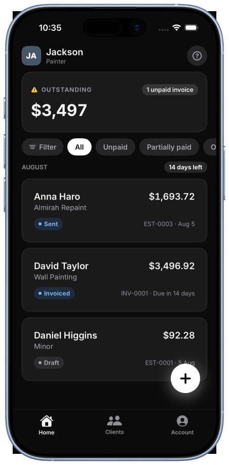 TradeBill invoice list on iPhone
