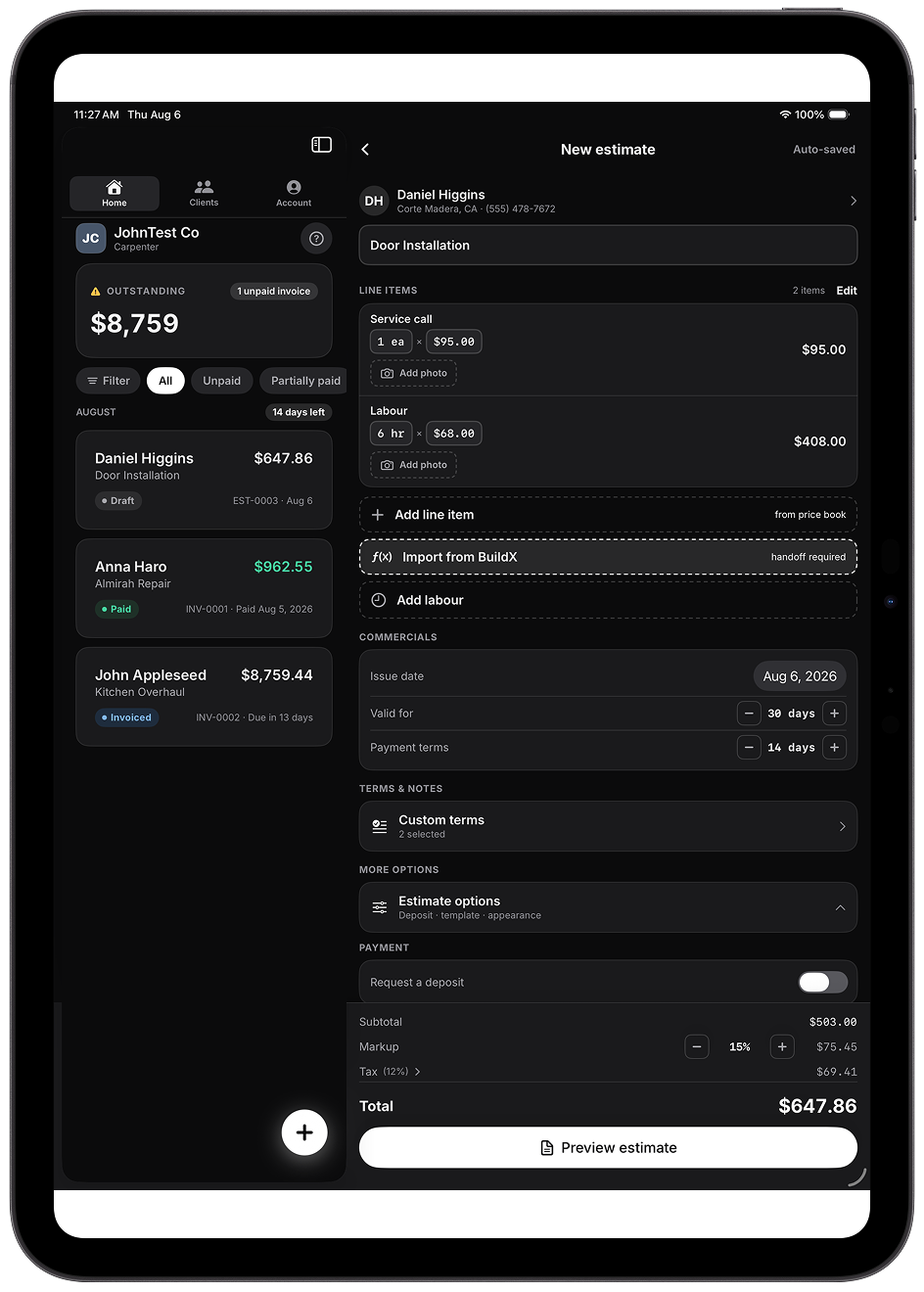 TradeBill new quote builder on iPad