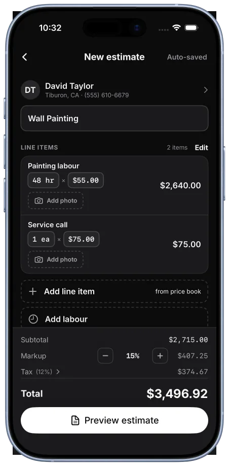TradeBill new estimate screen with line items, markup, and tax