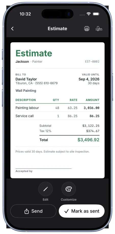 TradeBill estimate preview ready to send
