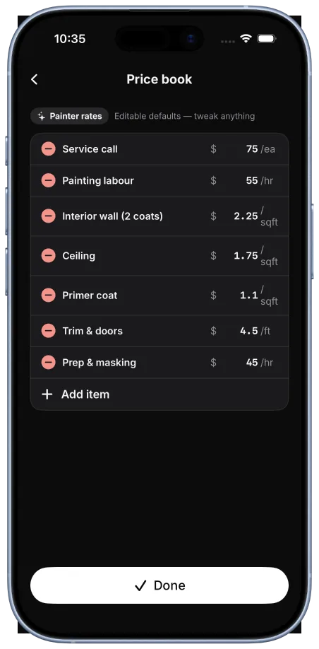 TradeBill price book with editable default rates