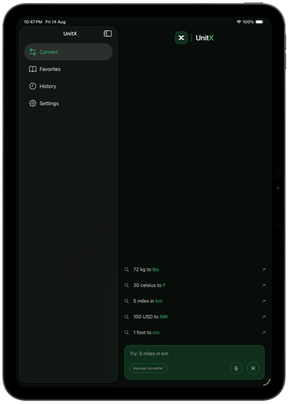 UnitX conversion workspace on iPad