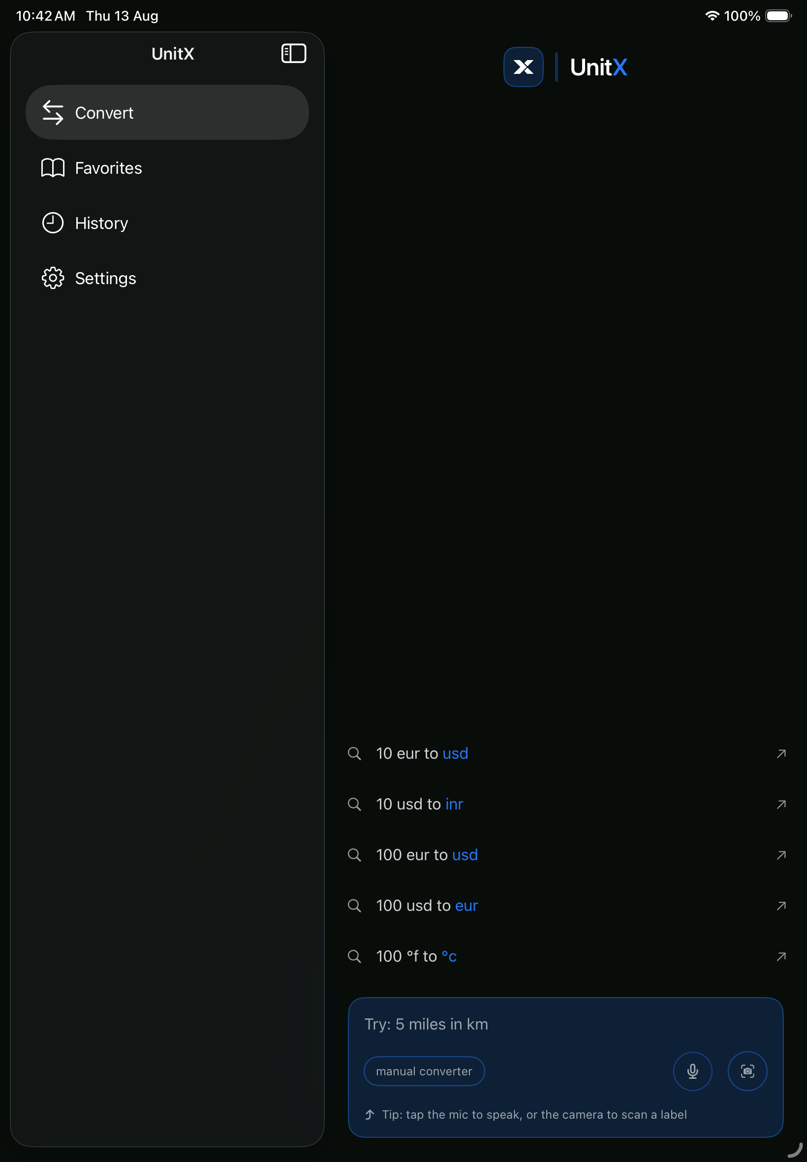 UnitX on iPad with navigation and conversion suggestions